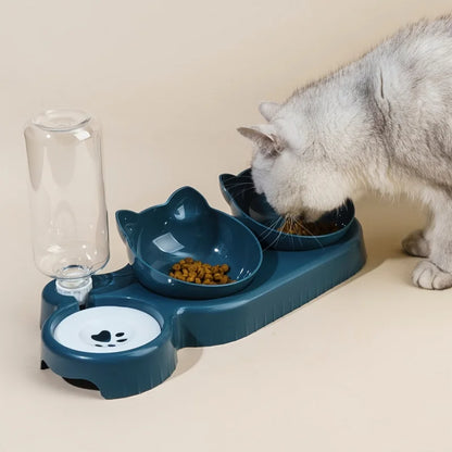 1PCS Pet Bowl with Water Feeder, 3-in-1 Ear Design Tilting Cat Water and Food Bowl with Gravity Water Bottle for Neck Protection