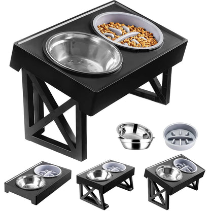 Elevated Dog Bowls 3 Adjustable Heights Raised Pet Stand with Slow Feeder Stainless Steel Food Bowls for Small Medium Large Dogs