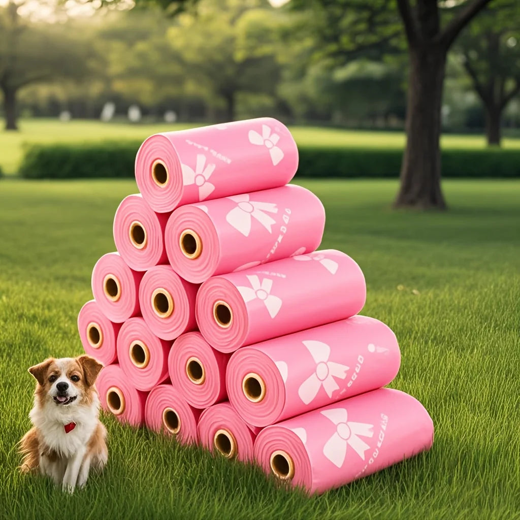 Thick & Durable Pet Poop Bags with Pink Bows - Leakproof Dog & Cat Waste Bags for Outdoor Walks, Multiple Sizes for Puppies